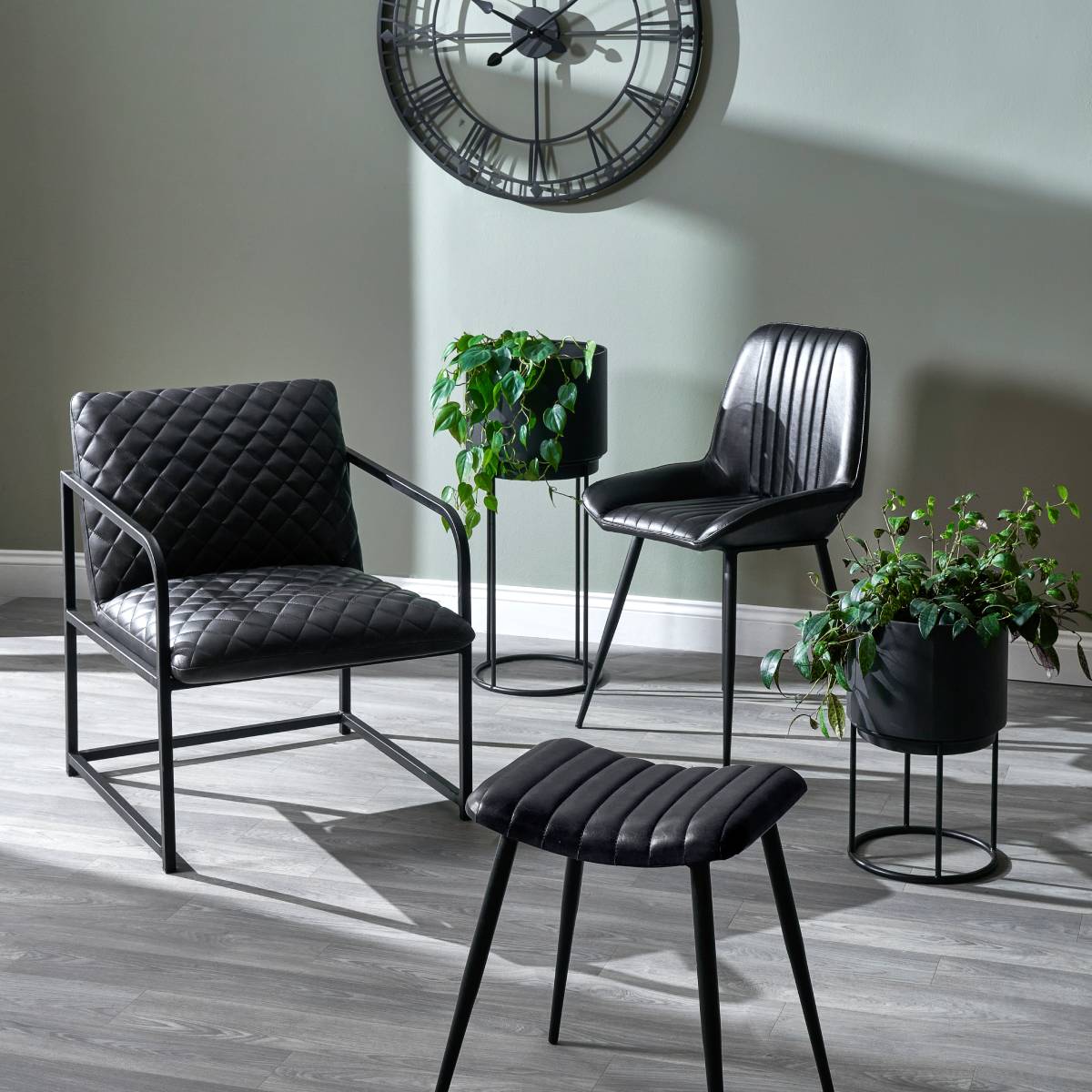 Angelo Ash Black Leather and Black Metal Retro Dining Chair