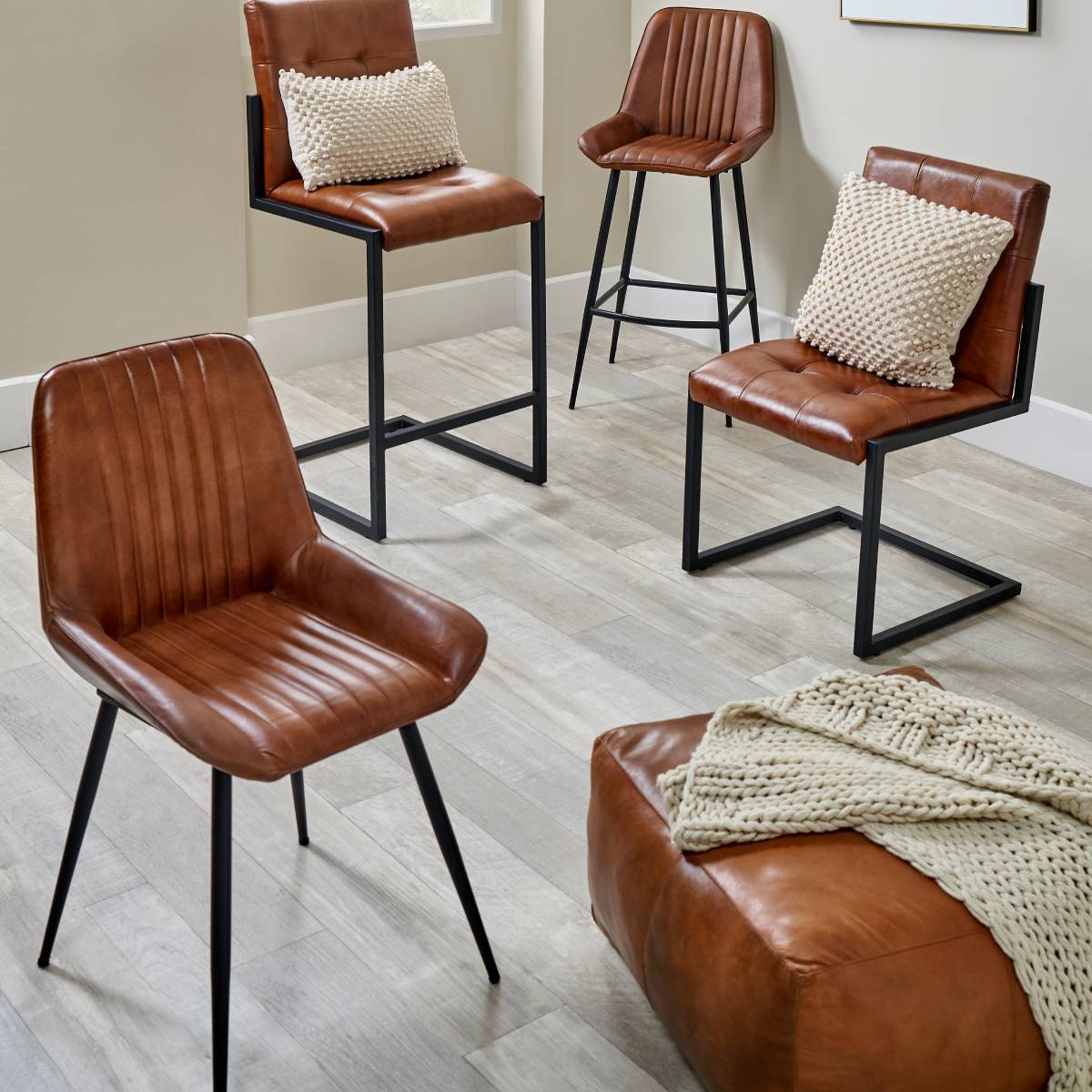 Angelo Vintage Brown Leather and Black Metal Retro Bar Stool