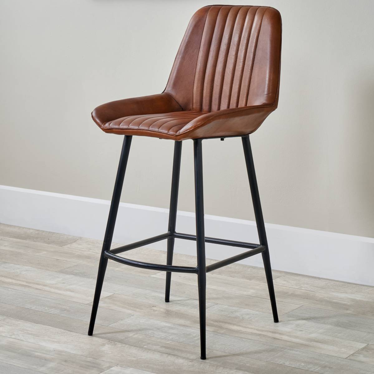 Angelo Vintage Brown Leather and Black Metal Retro Bar Stool