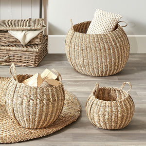 S/3 Seagrass and Palm Leaf Natural Striped Round Baskets