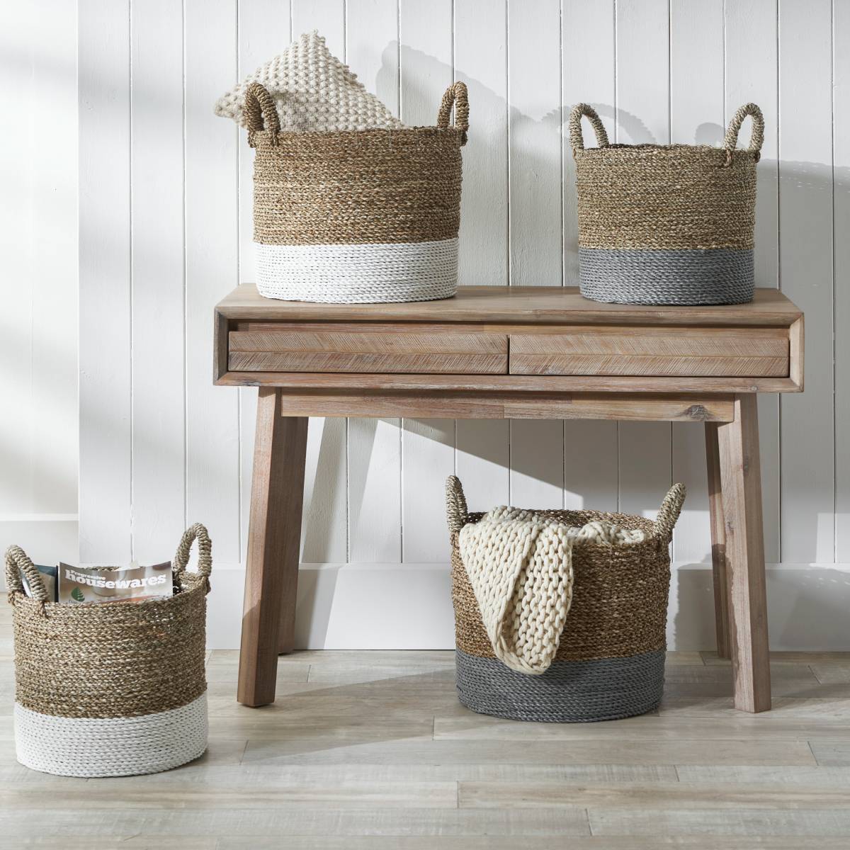 S/2 Banana Leaf Two Tone Natural and White Baskets