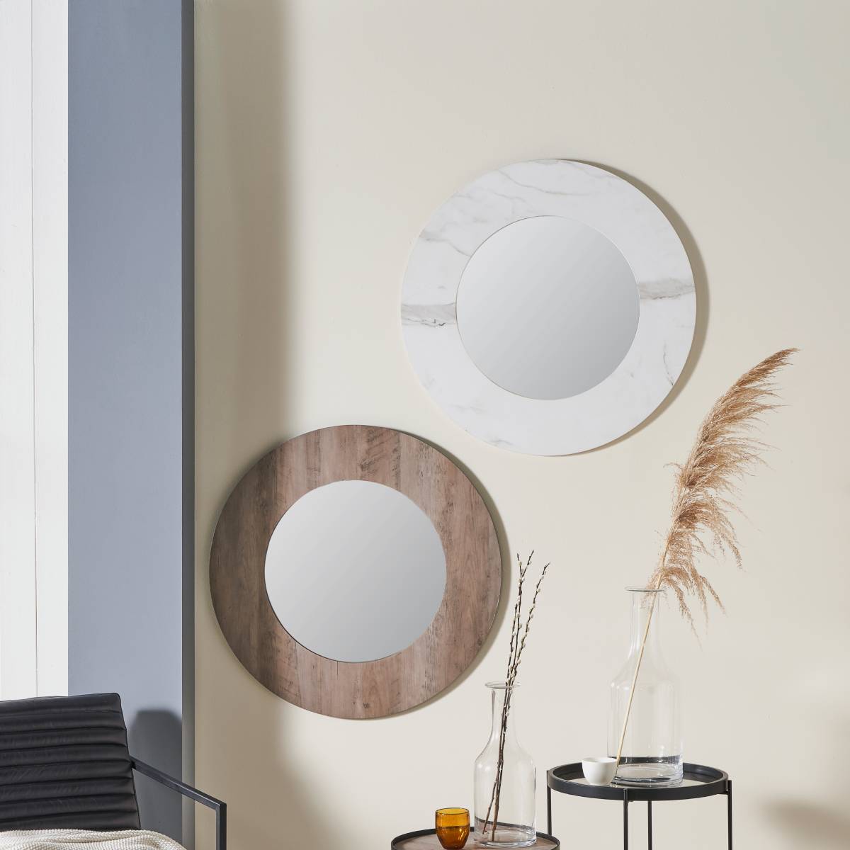 White Marble Effect Wood Veneer Round Wall Mirror