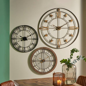 Natural Wood and Black Metal Mesh Round Wall Clock