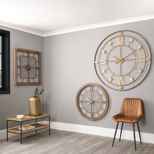 Natural Wood and Black Metal Mesh Round Wall Clock