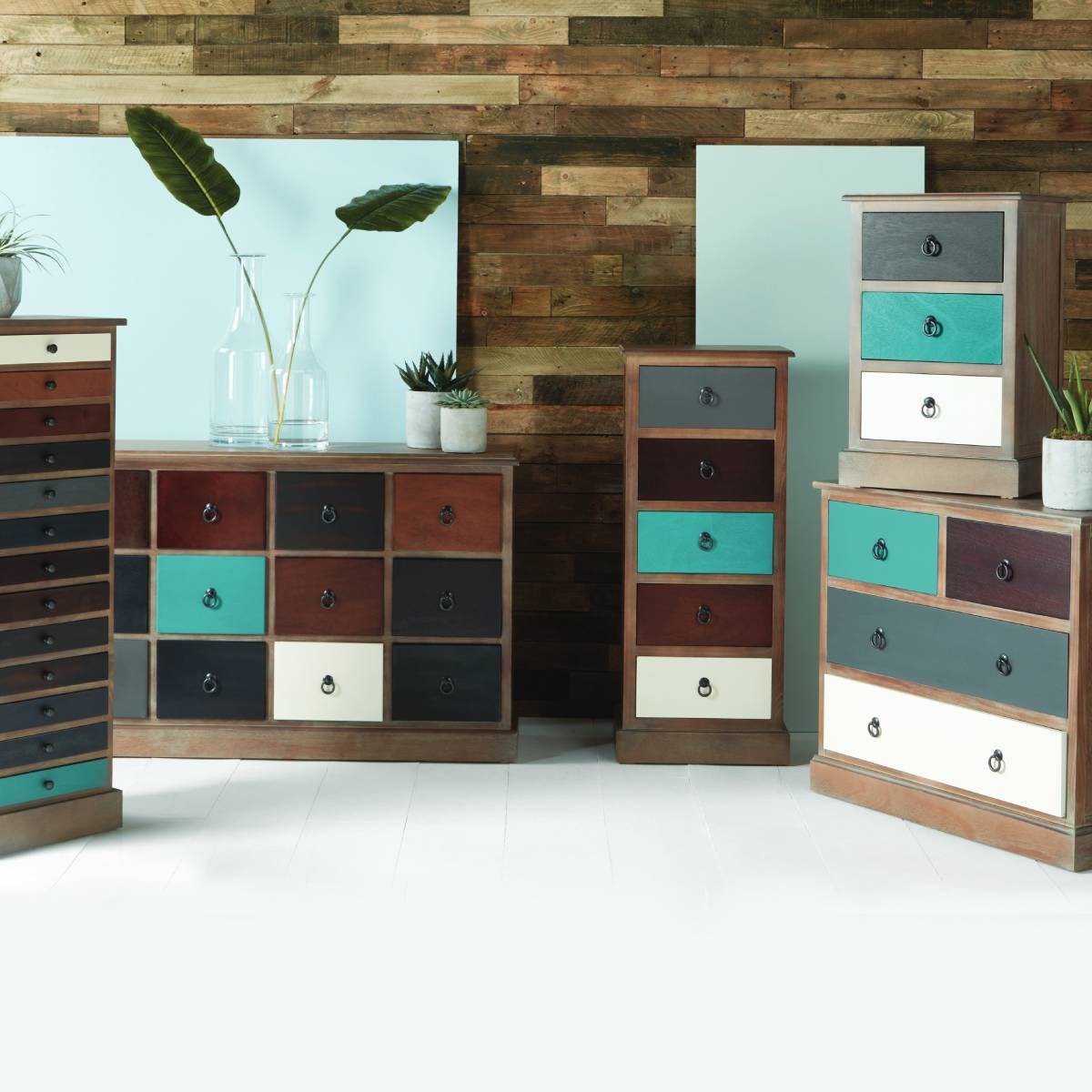 Loft Blue Multicoloured Pine Wood 4 Drawer Unit