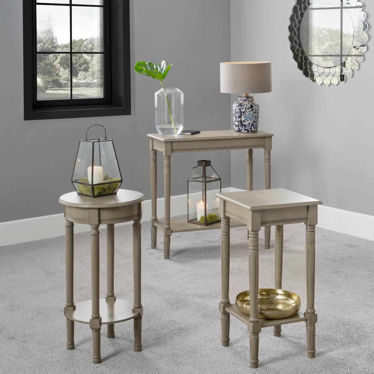 Heritage Taupe Pine Wood Round Accent Table