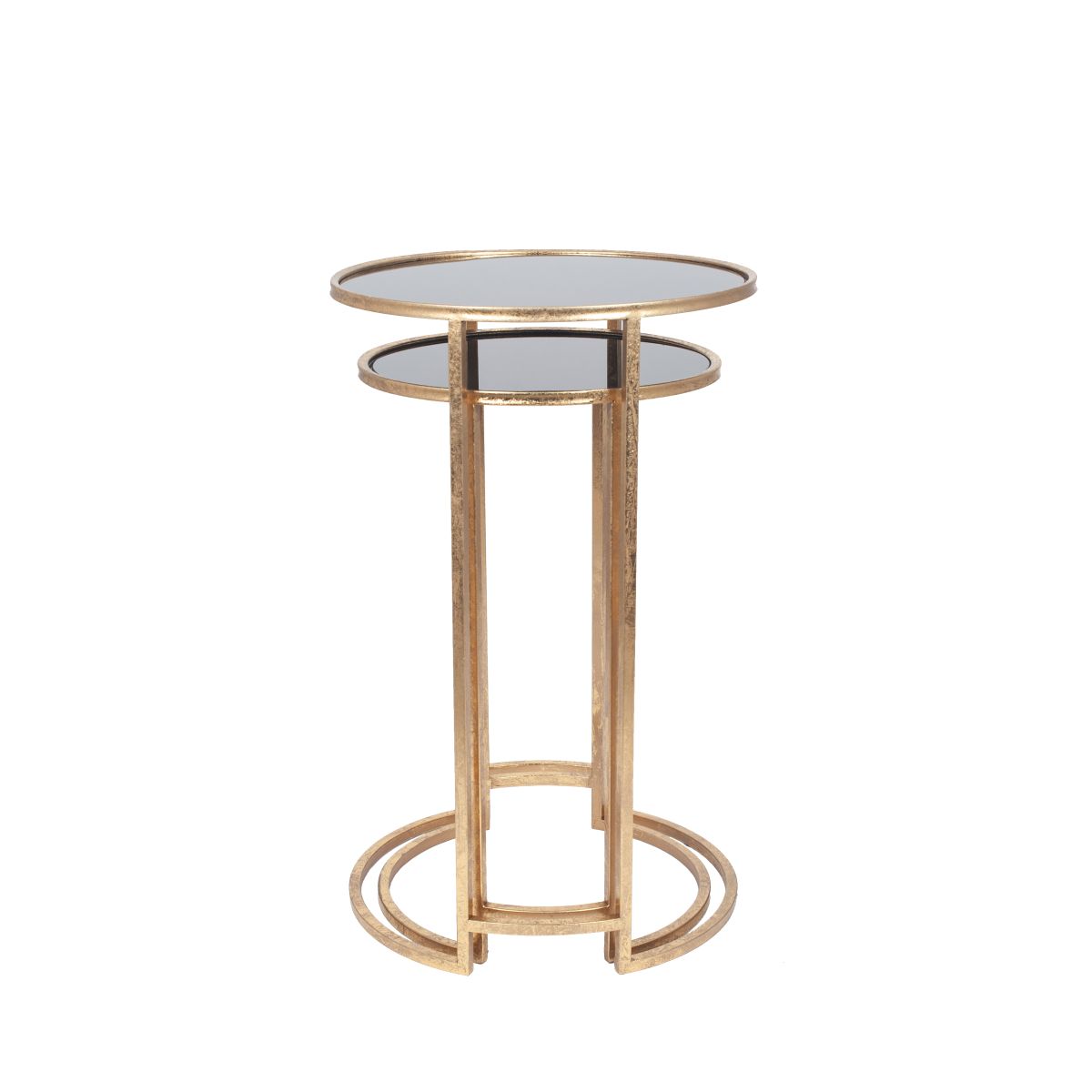 Veneziano S/2 Antique Gold Metal and Black Glass Side Tables