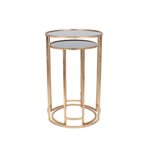 Veneziano S/2 Antique Gold Metal and Black Glass Side Tables