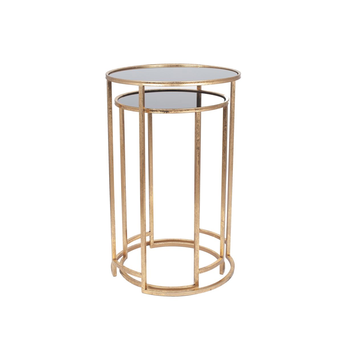 Veneziano S/2 Antique Gold Metal and Black Glass Side Tables