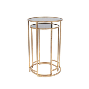 Veneziano S/2 Antique Gold Metal and Black Glass Side Tables