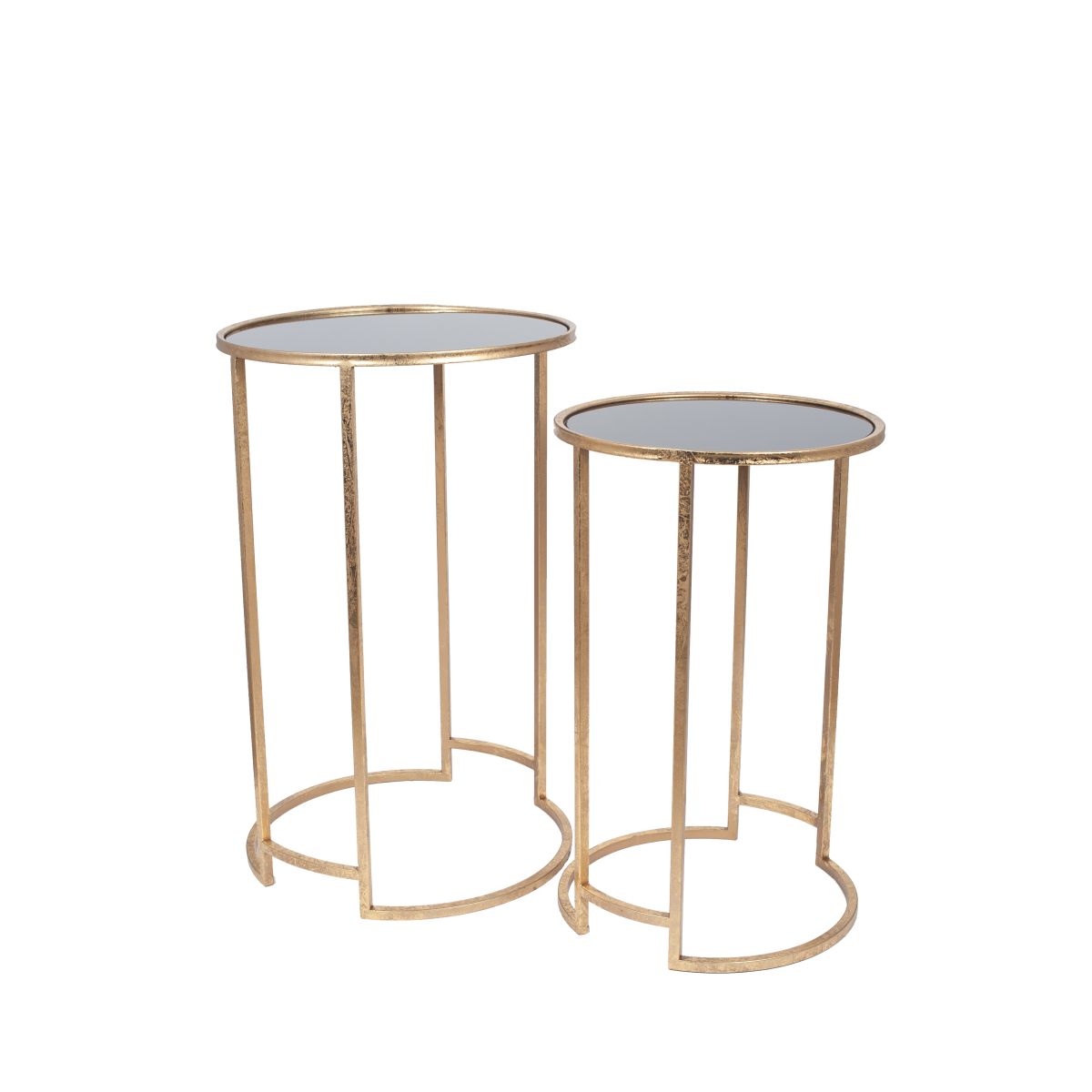 Veneziano S/2 Antique Gold Metal and Black Glass Side Tables