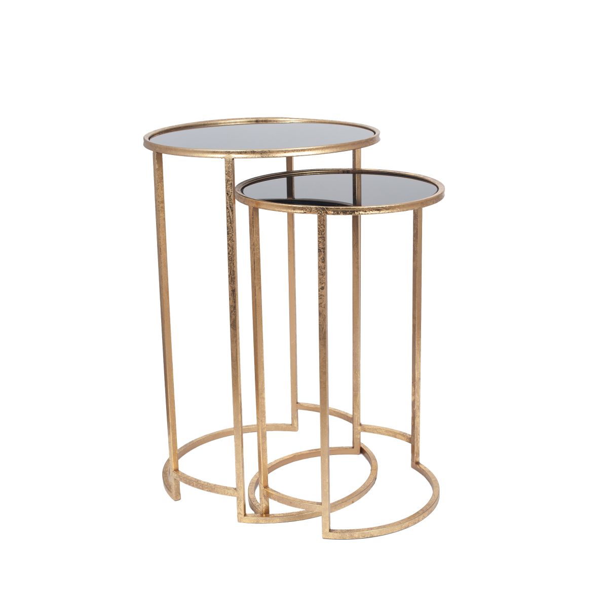 Veneziano S/2 Antique Gold Metal and Black Glass Side Tables