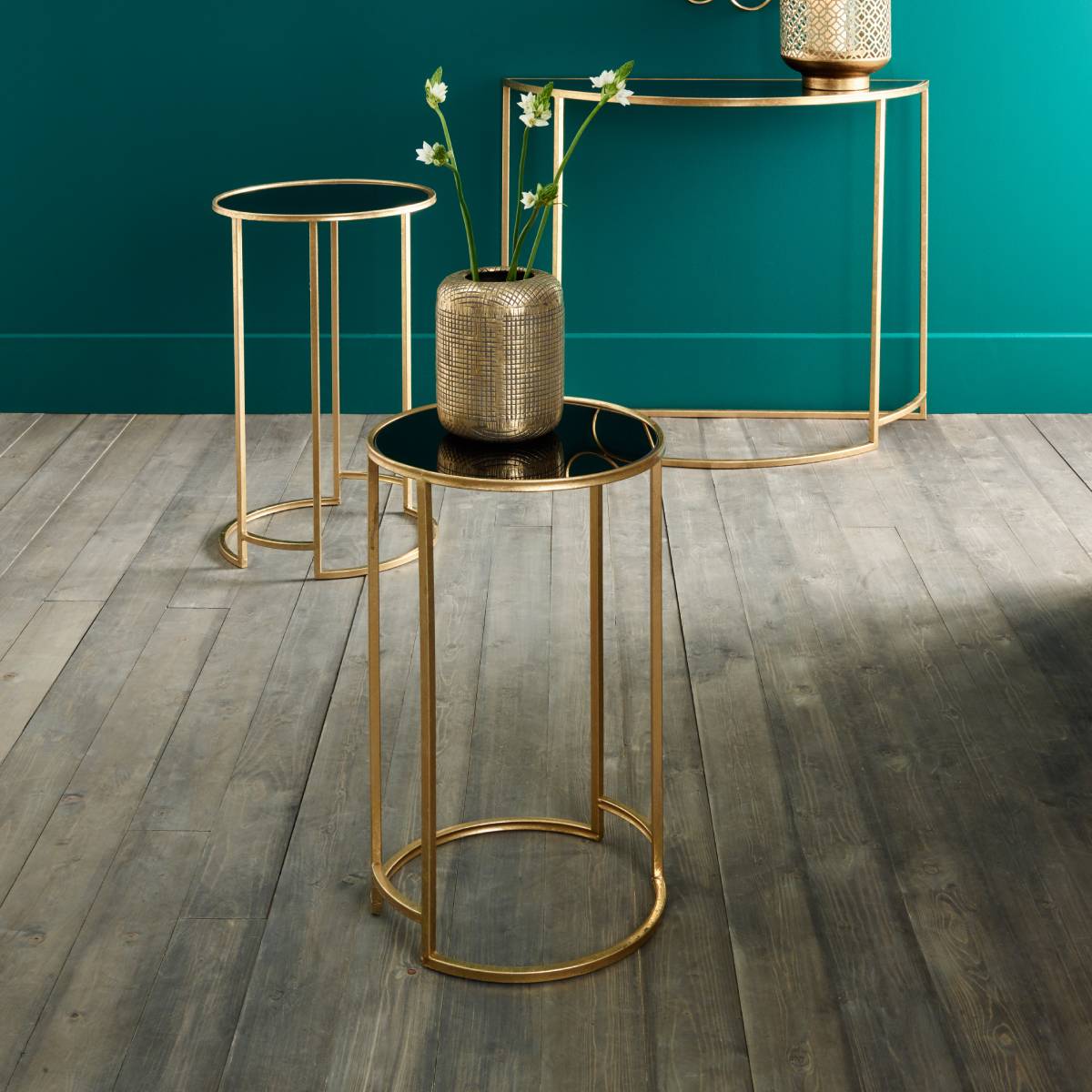 Veneziano S/2 Antique Gold Metal and Black Glass Side Tables