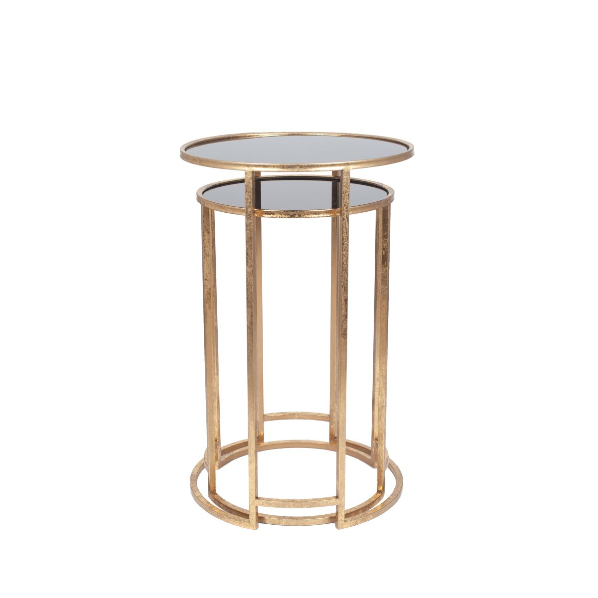 Veneziano S/2 Antique Gold Metal and Black Glass Side Tables