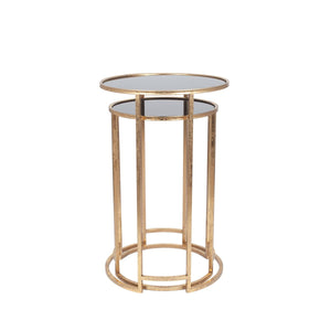 Veneziano S/2 Antique Gold Metal and Black Glass Side Tables