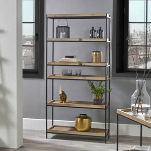 Gallery Natural Wood Veneer and Black Metal 5 Shelf Unit