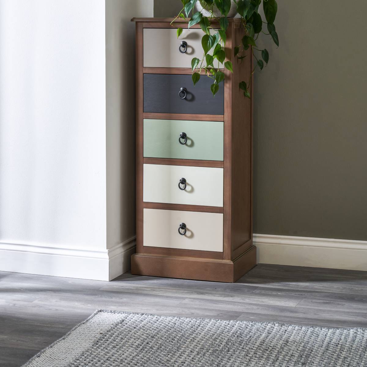 Loft Sage Multicoloured Pine Wood 5 Drawer Unit