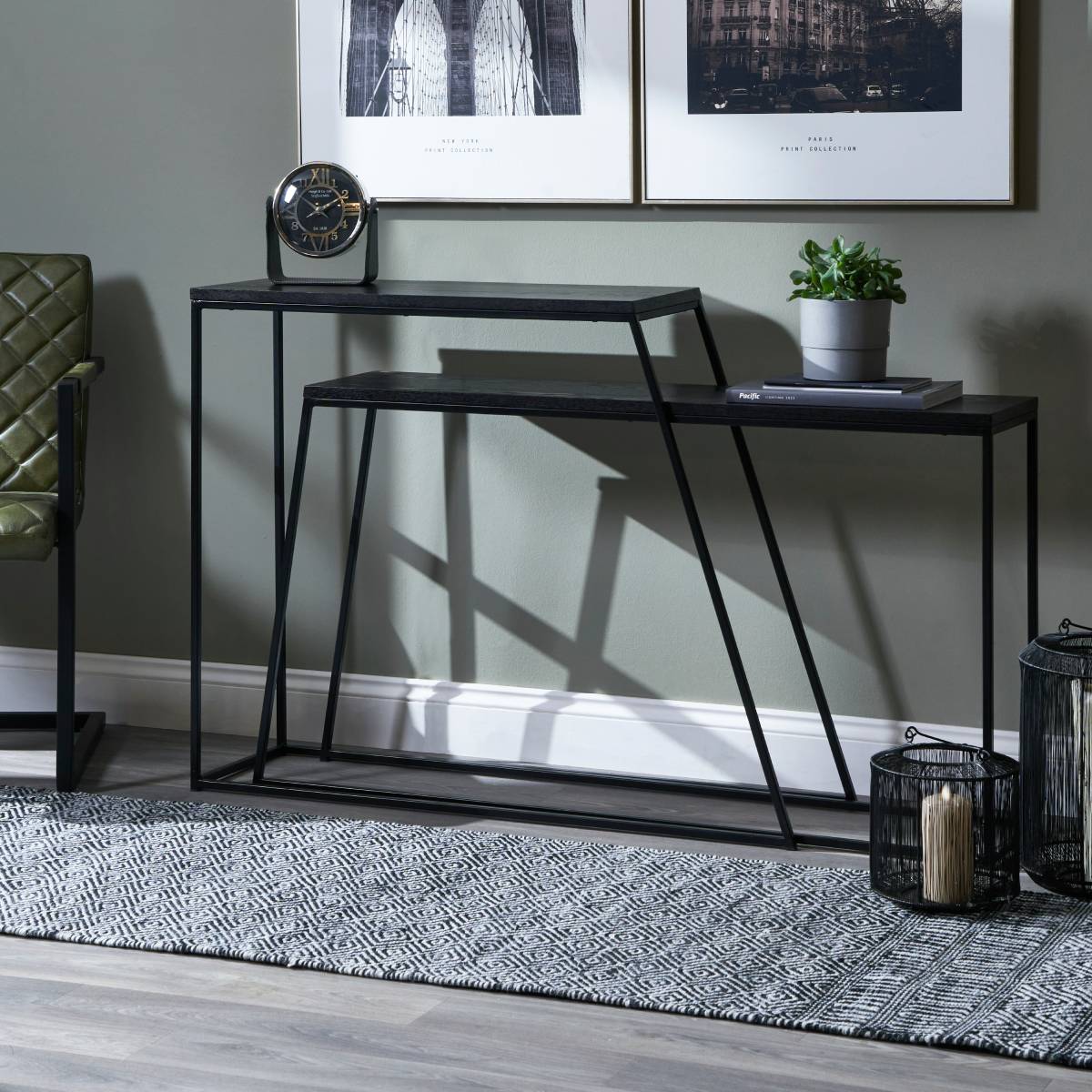 Mashiko S/2 Black Ash Veneer and Black Metal Console Tables