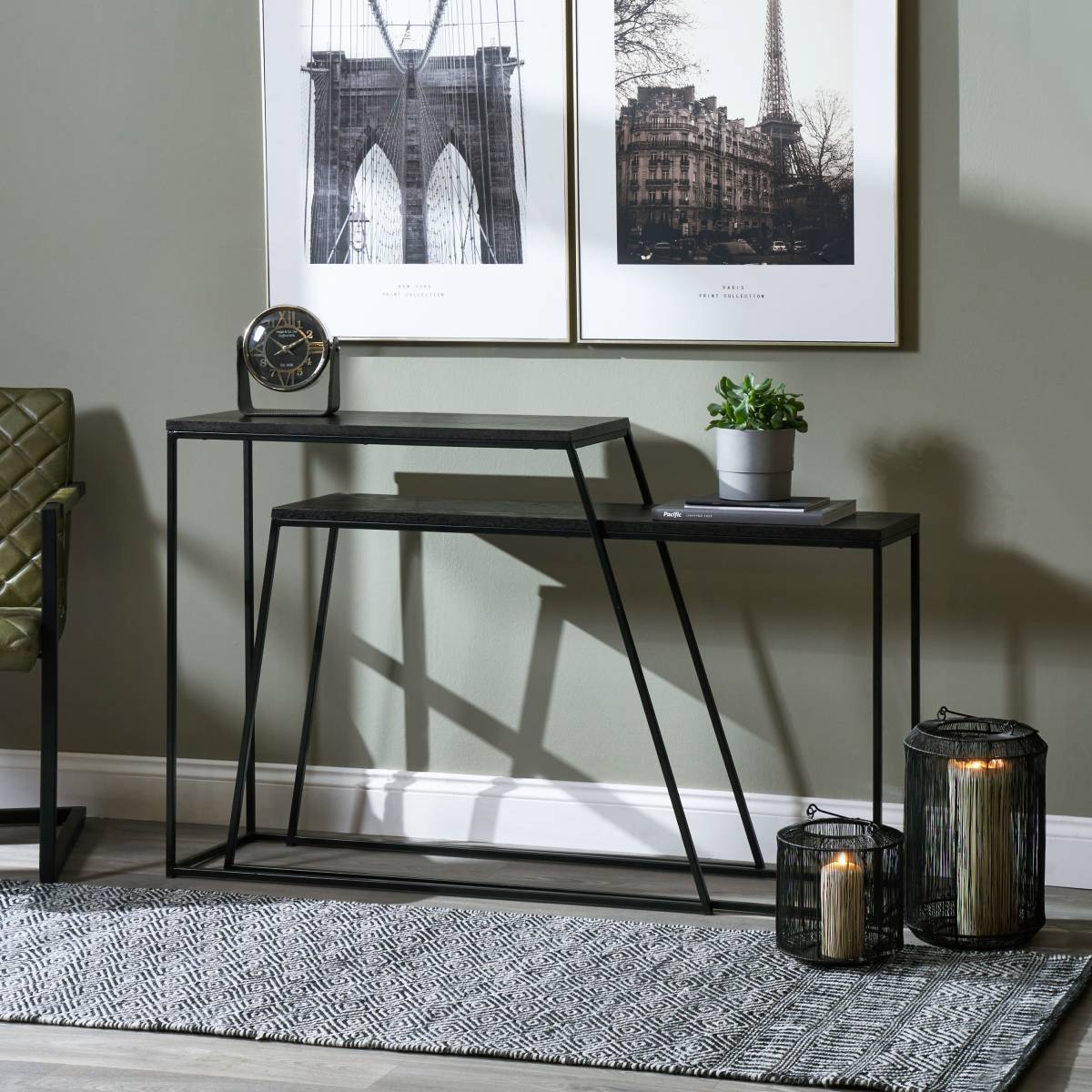 Mashiko S/2 Black Ash Veneer and Black Metal Console Tables