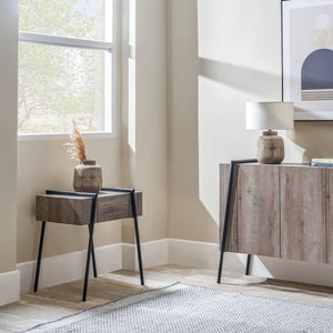 Osato Light Brown Wood Veneer and Black Metal 1 Drawer Side Table