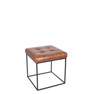 Arlo Vintage Brown Leather and Black Metal Stitched Seat Stool