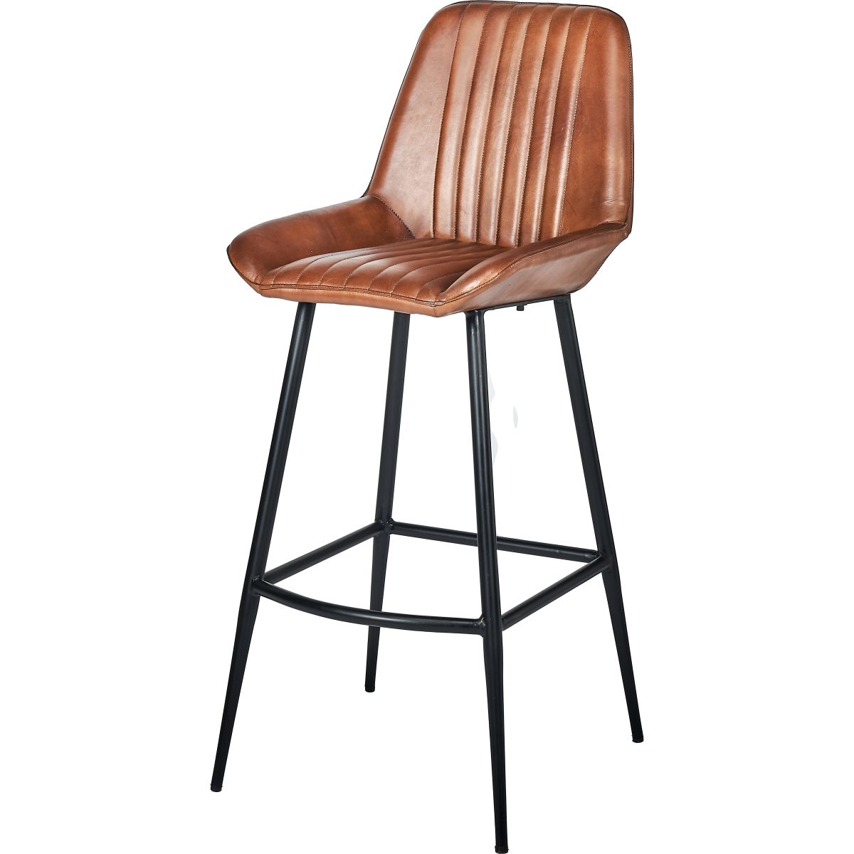 Angelo Vintage Brown Leather and Black Metal Retro Bar Stool