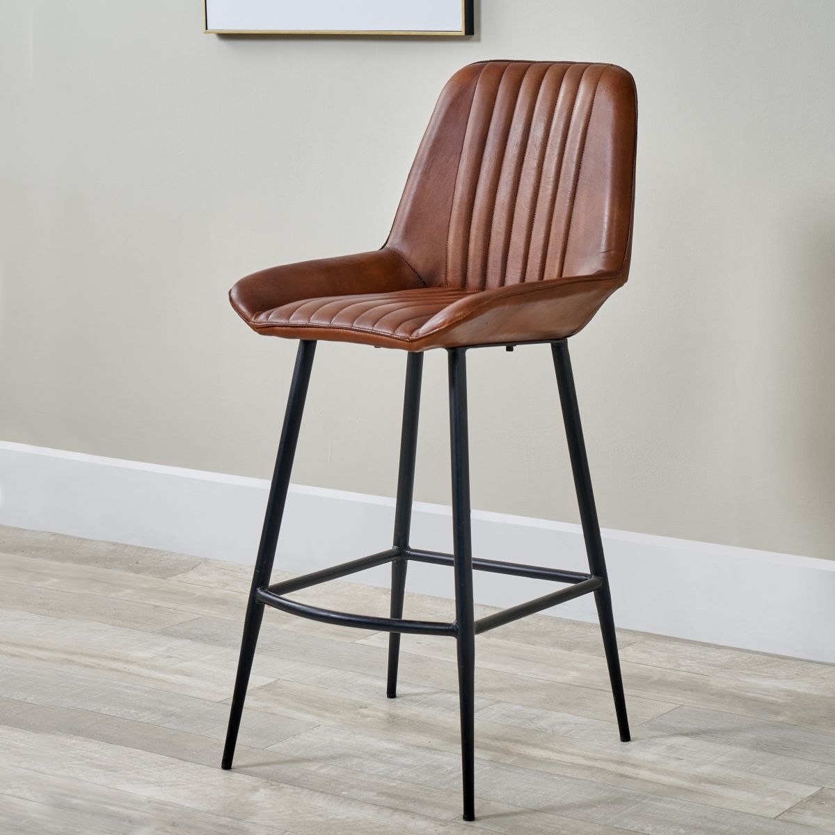 Angelo Vintage Brown Leather and Black Metal Retro Bar Stool