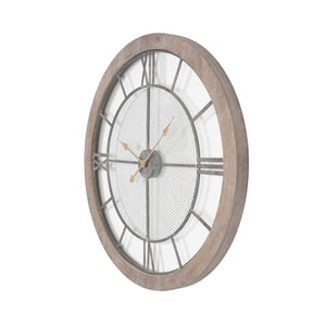 Natural Wood and Black Metal Mesh Round Wall Clock