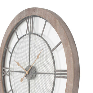 Natural Wood and Black Metal Mesh Round Wall Clock