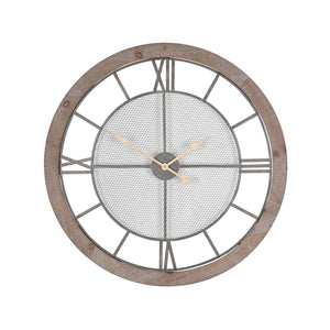 Natural Wood and Black Metal Mesh Round Wall Clock