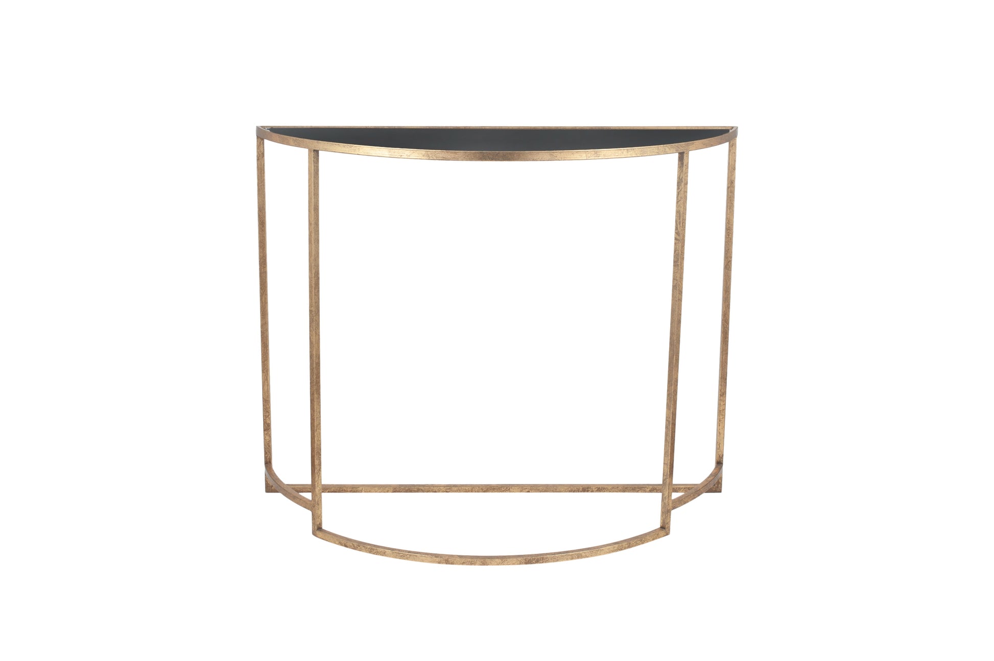 Veneziano Antique Gold Metal and Black Glass Half Moon Console Table