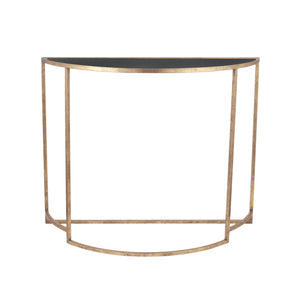 Veneziano Antique Gold Metal and Black Glass Half Moon Console Table