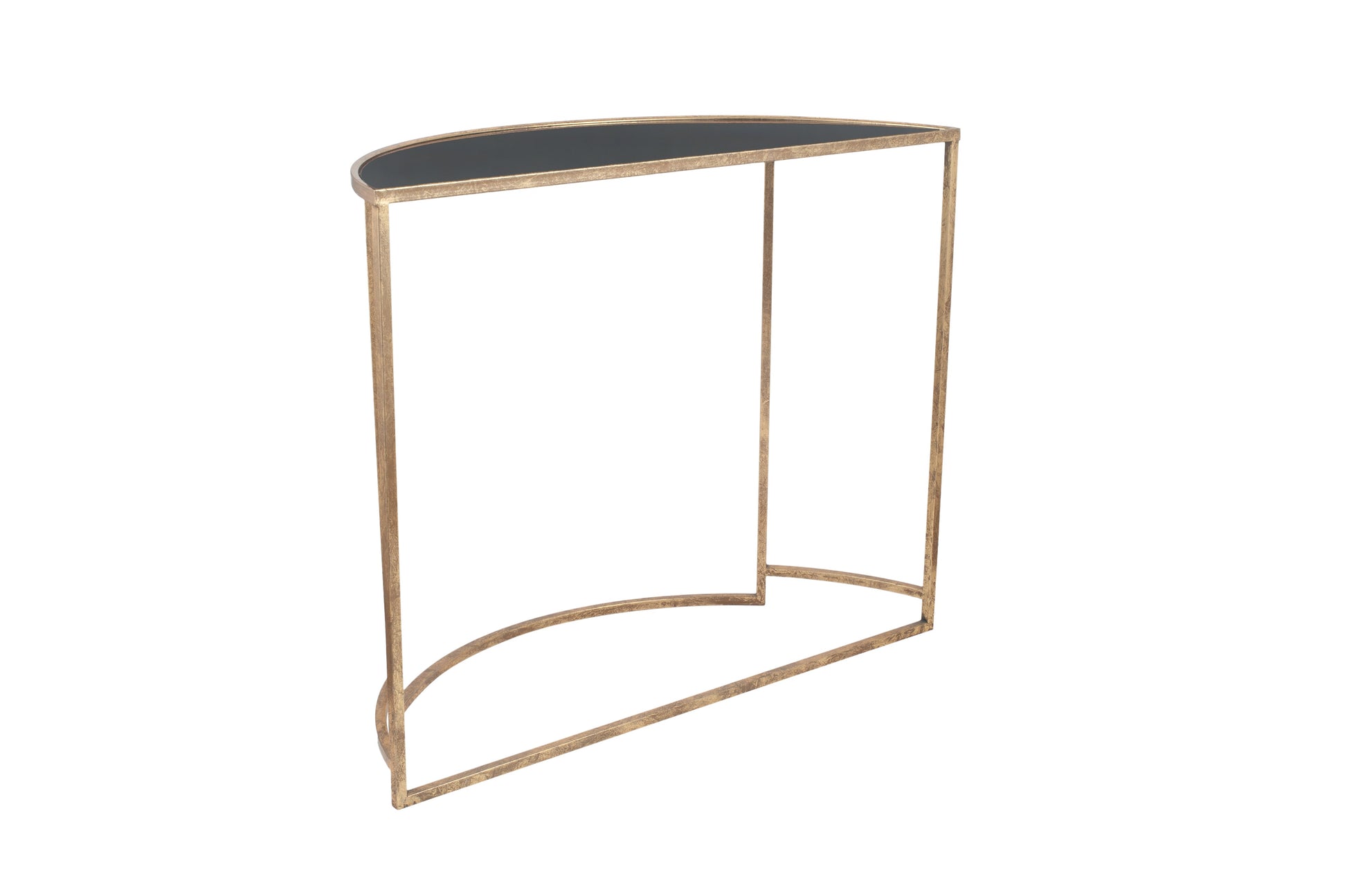 Veneziano Antique Gold Metal and Black Glass Half Moon Console Table