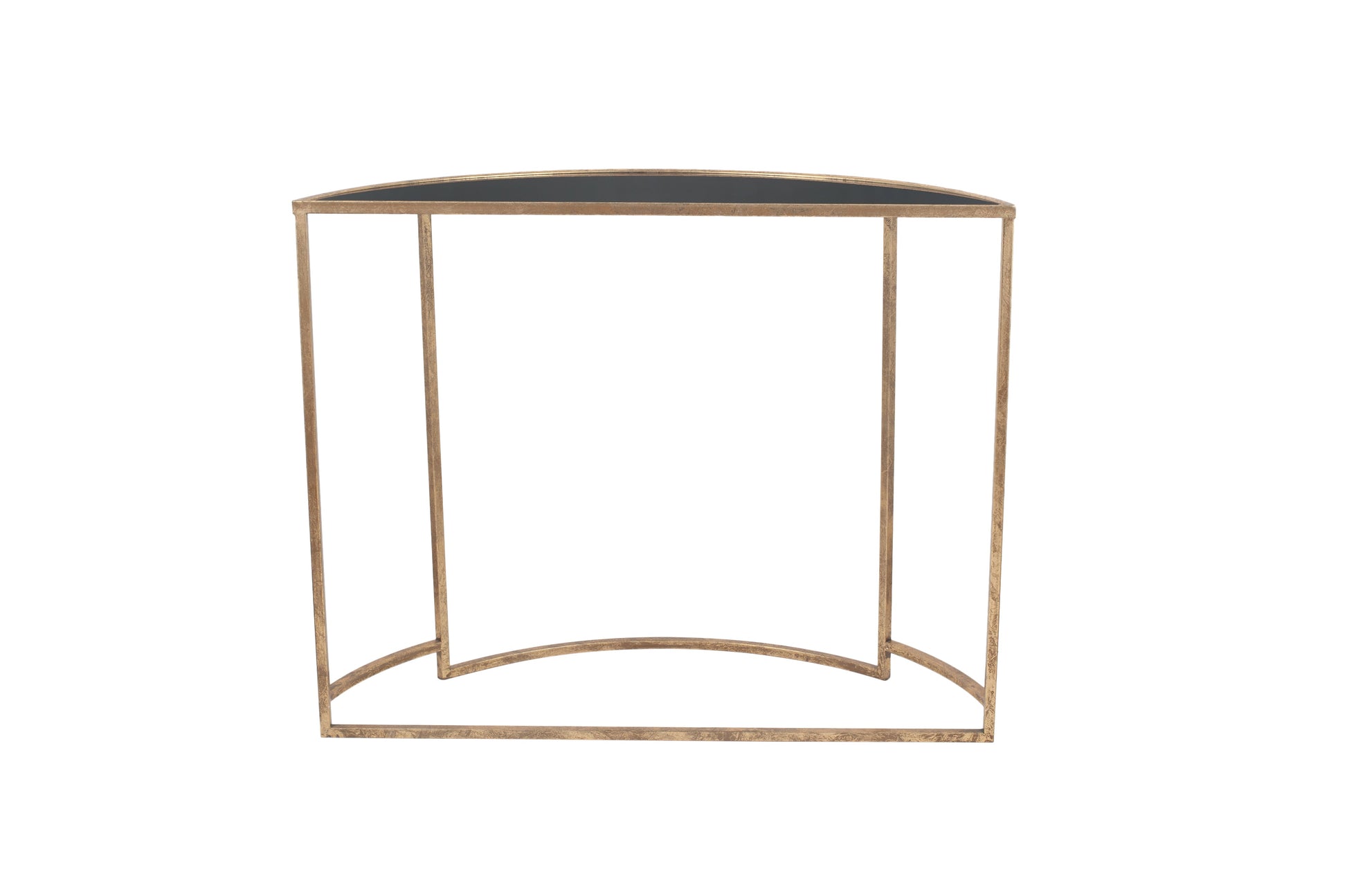 Veneziano Antique Gold Metal and Black Glass Half Moon Console Table