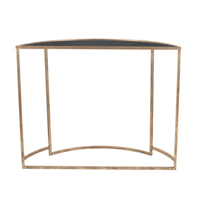 Veneziano Antique Gold Metal and Black Glass Half Moon Console Table