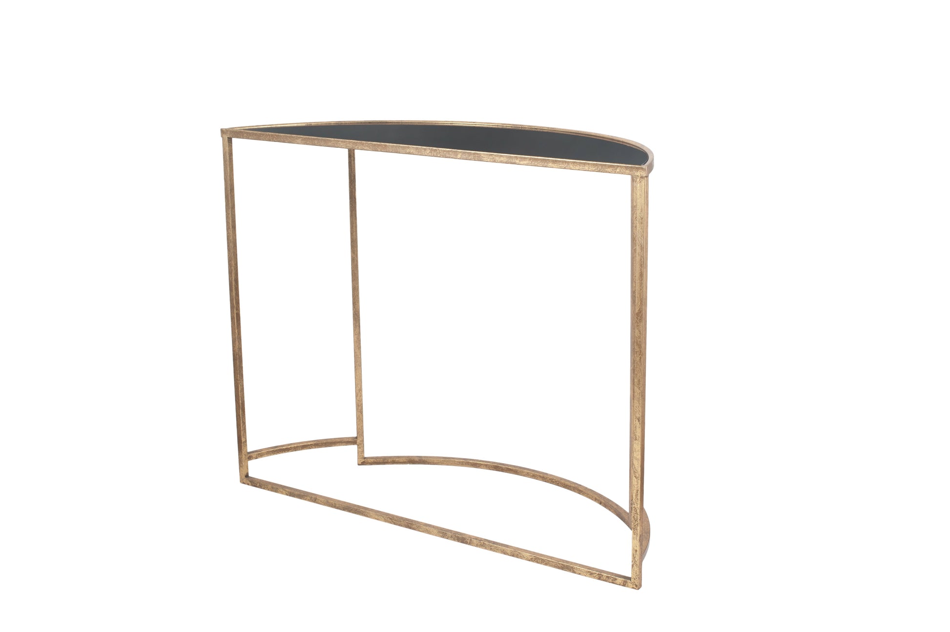 Veneziano Antique Gold Metal and Black Glass Half Moon Console Table