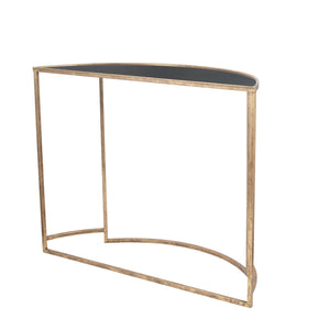 Veneziano Antique Gold Metal and Black Glass Half Moon Console Table