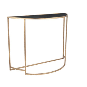 Veneziano Antique Gold Metal and Black Glass Half Moon Console Table