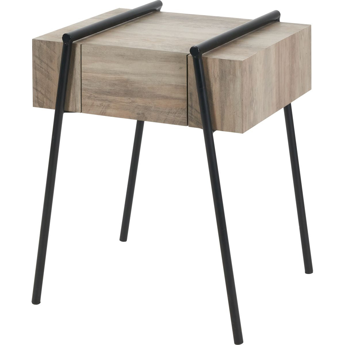 Osato Light Brown Wood Veneer and Black Metal 1 Drawer Side Table