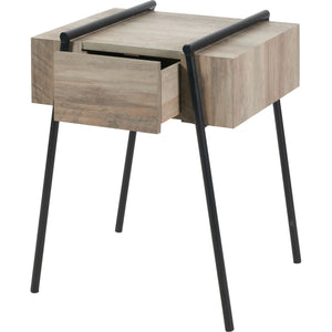 Osato Light Brown Wood Veneer and Black Metal 1 Drawer Side Table