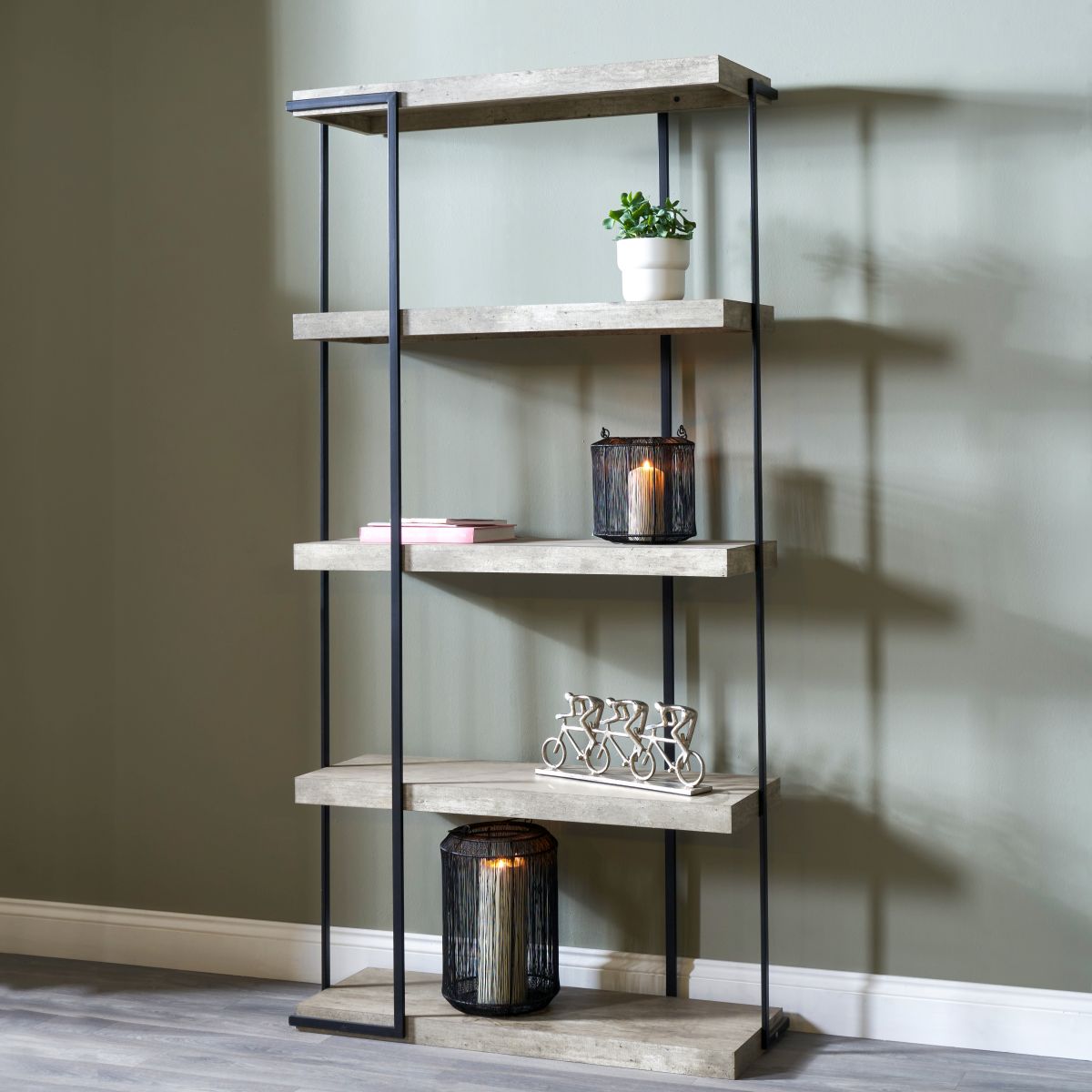 Jersey Concrete Effect Wood Veneer and Black Metal 4 Shelf Unit