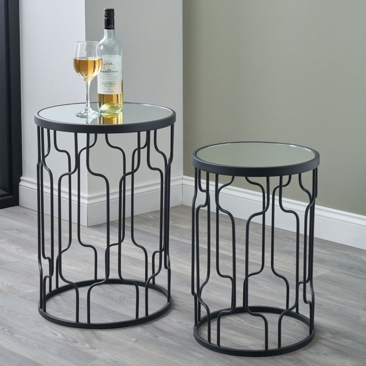 Caprisse S/2 Mirrored Glass and Graphite Metal Side Tables